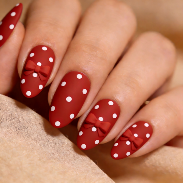 Matte Red Polka Dot 3D Bow Nail Set- Contains 22 Wraps