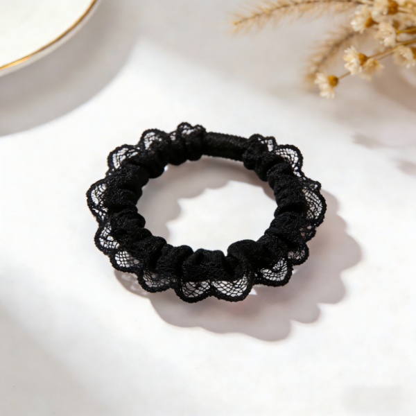 Elegant Black Lace Scallop Scrunchie| Set of 5, Medium