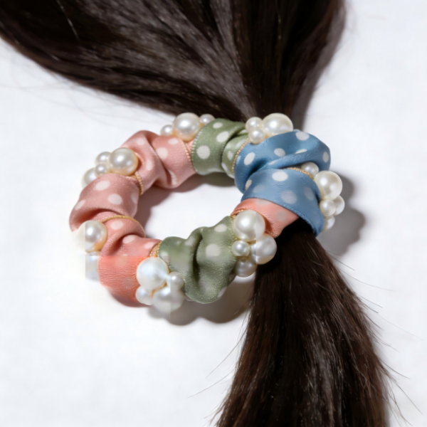 Pastel Polka Dot Satin Pearl Scrunchie| Set of 5, Medium