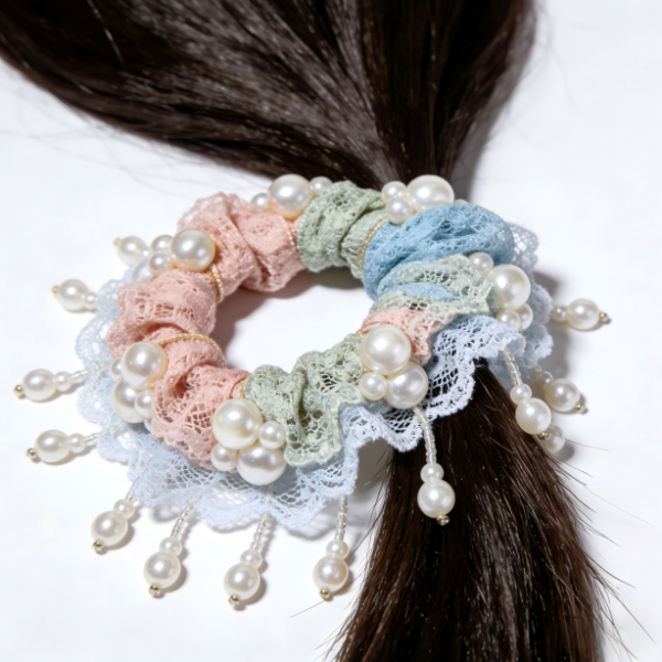 Romantic Lace Fringe Pearl Tassel Scrunchie| Set of 5, Medium