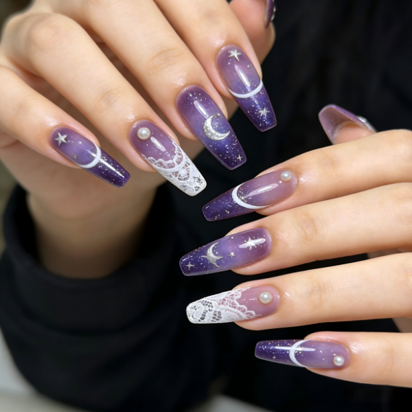 Purple Galaxy Moon Star Lace Pearl Stiletto Nails- Contains 22 Wraps
