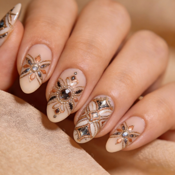 Beige Nude Metallic Ornate 3D Nail Art- Contains 22 Wraps